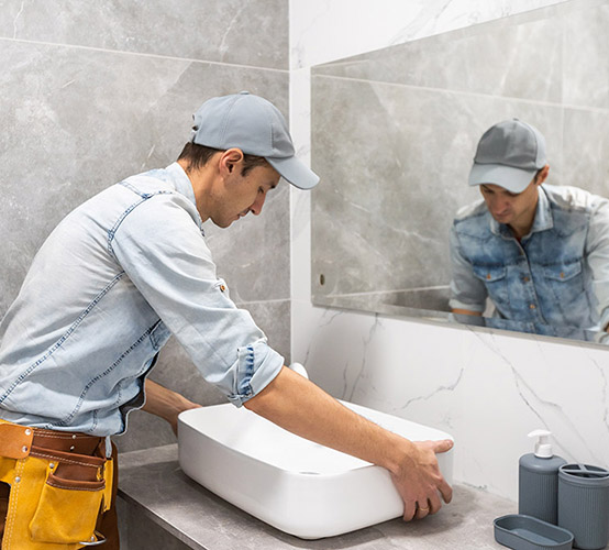 Sanitärinstallateur bei der Montage eines Waschbeckens