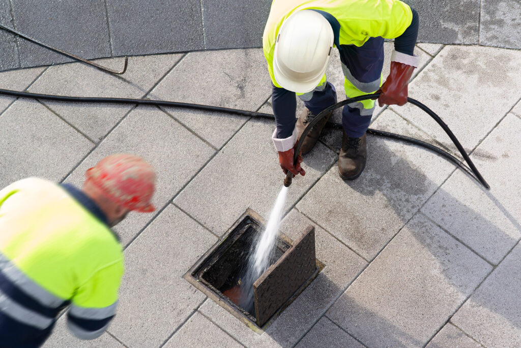 Fachkräfte bei der Reinigung einer Abwasserleitung