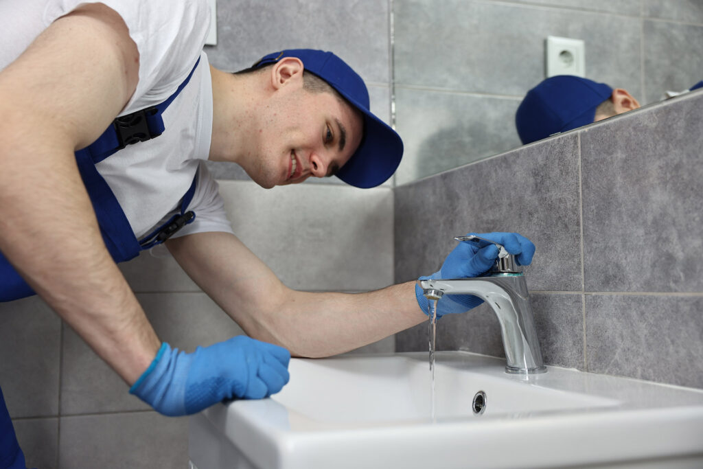 Sanitärtechniker bei der Prüfung einer Badarmatur
